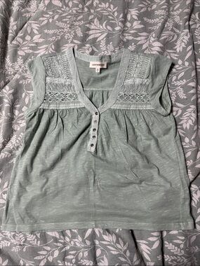 Lucky Brand Sage Green Crochet Yoke Sleeveless Henley Top